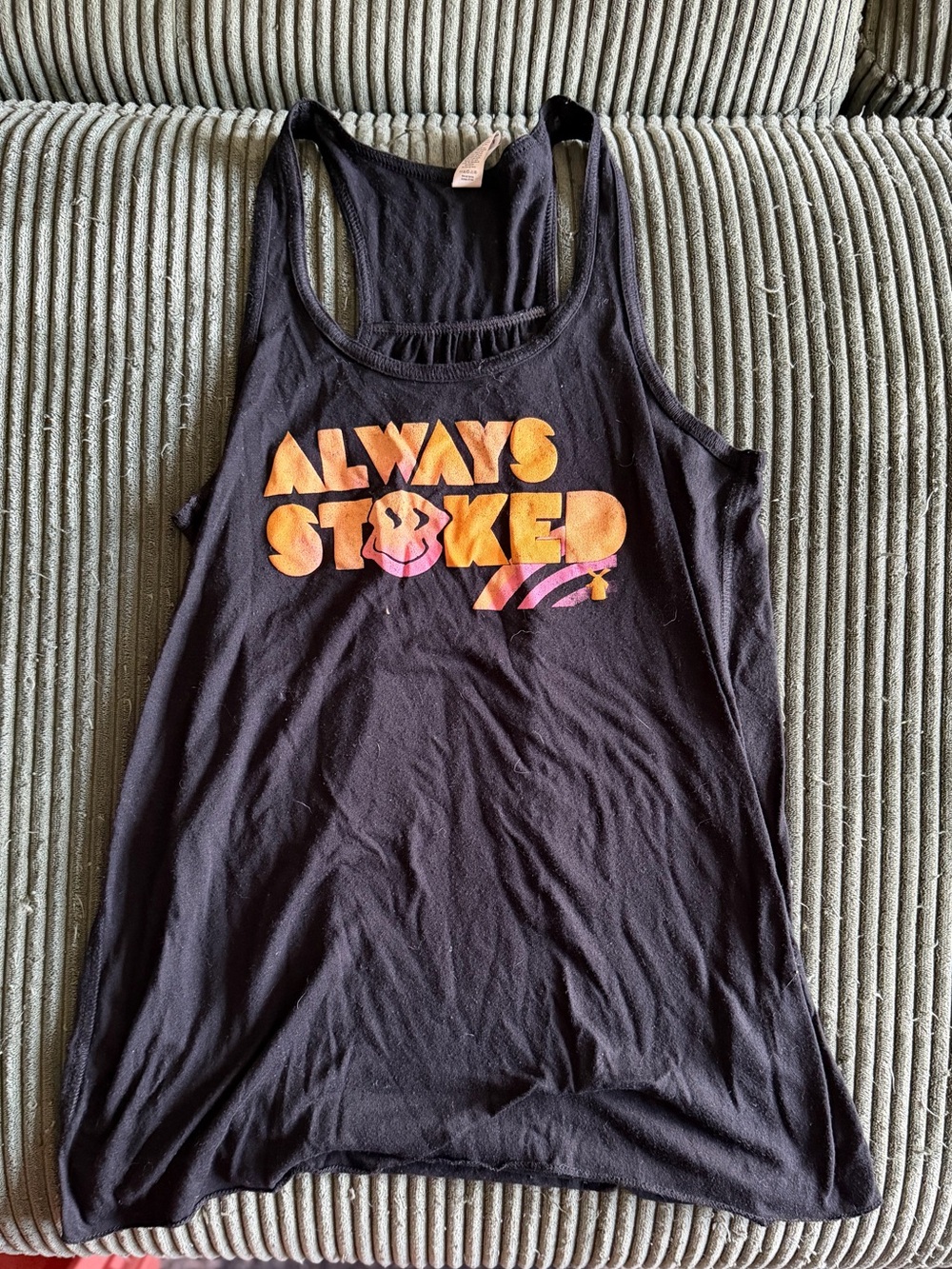 Dutch Bros Black Tank Top with Orange-Pink "Always Stoked" Graphic